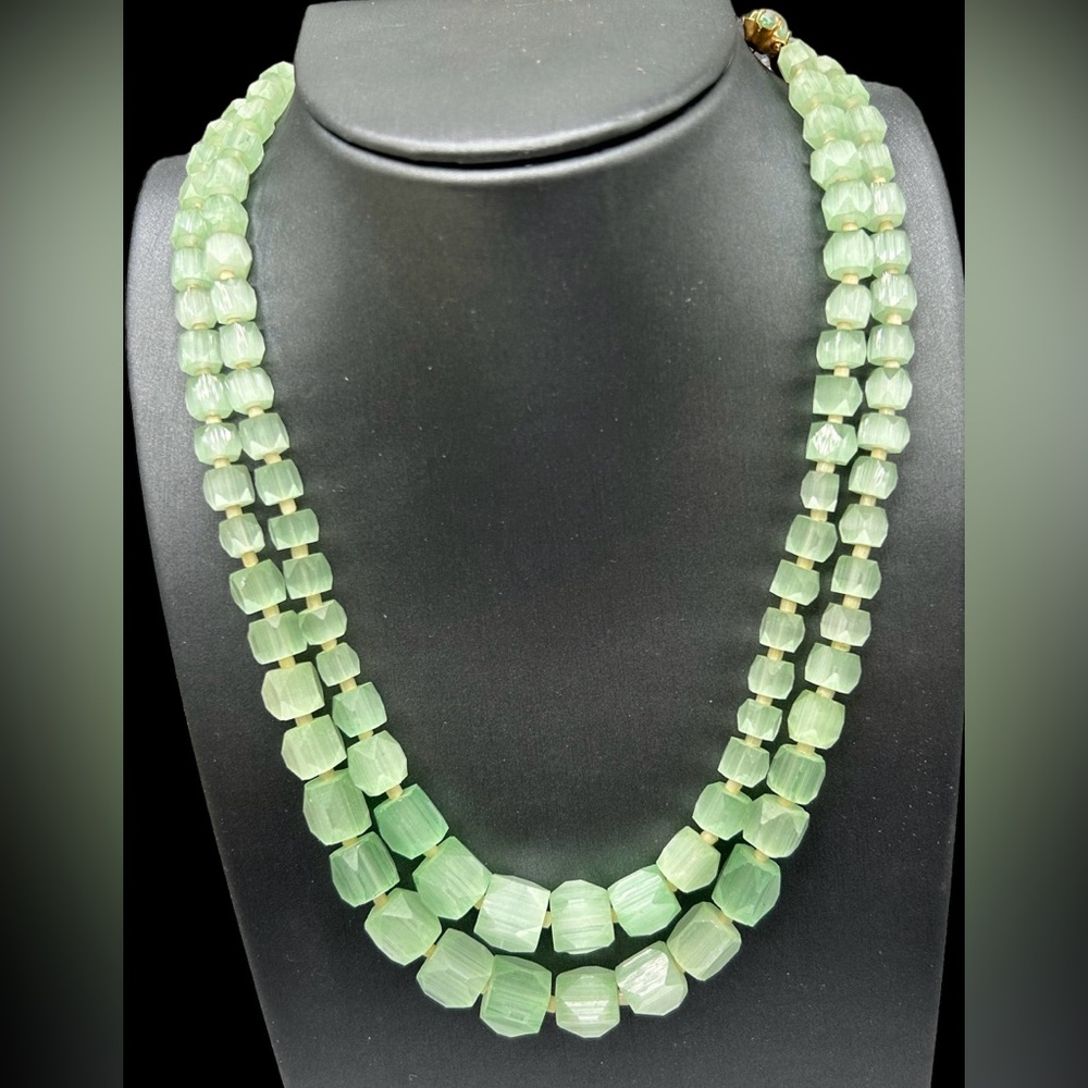 Vintage Czech Atlas Glass Double Strand Necklace Mint Green